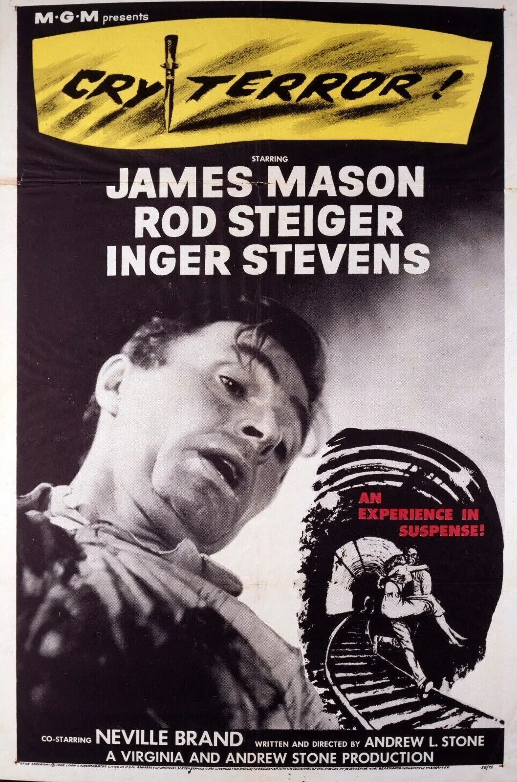 CRY TERROR ! JAMES MASON, 1958, AFFICHE CINEMA VINTAGE, HQ