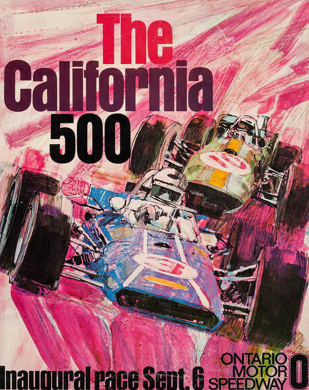 Affiche vintage The California 500. Illustration dynamique de course automobile des années 60. Reproduction HQ – Poster Hub Studio.