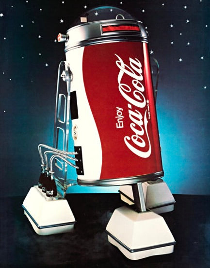 Affiche Coca-Cola robot vintage années 70. Univers pop art et publicité iconique. Reproduction HQ – Poster Hub Studio.