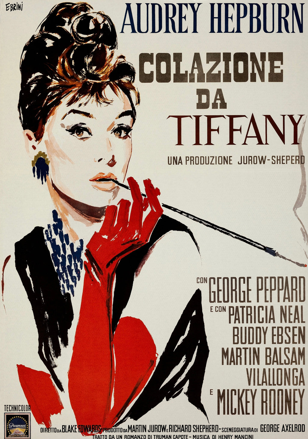 Affiche du film Colazione da Tiffany (1961) avec Audrey Hepburn. Comédie romantique culte. Reproduction HQ – Poster Hub Studio.