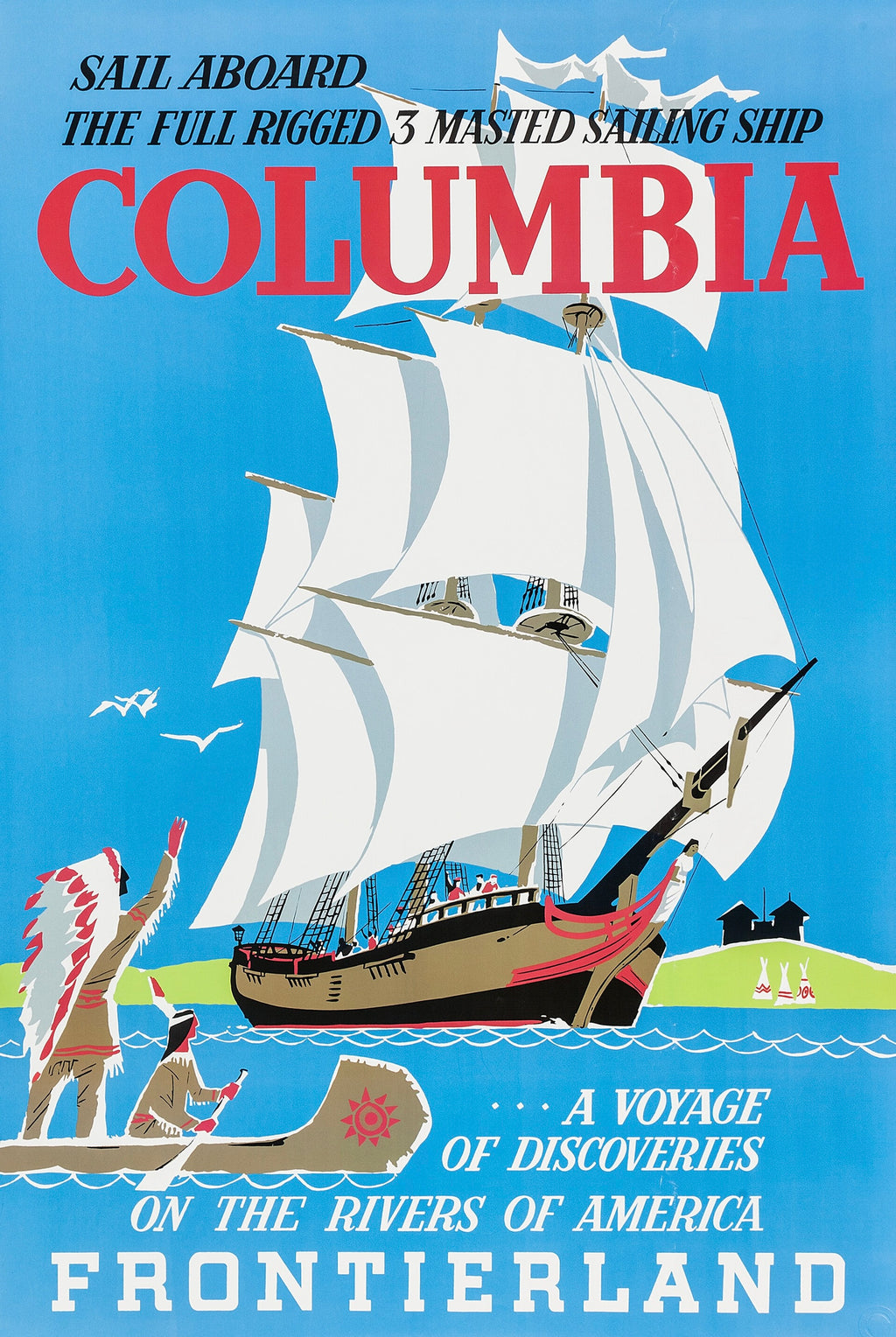 Affiche vintage Columbia Frontierland Disneyland. Illustration du célèbre voilier. Reproduction haute qualité – Poster Hub Studio.