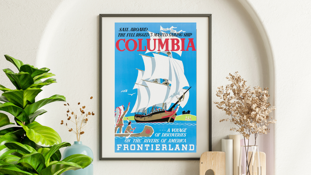 Affiche vintage Columbia Frontierland Disneyland. Illustration du célèbre voilier. Reproduction haute qualité – Poster Hub Studio.