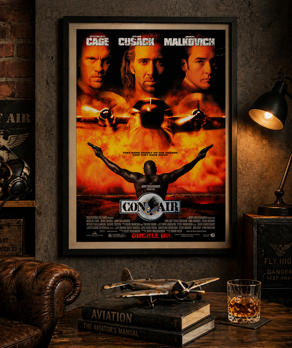 Affiche Con Air (1997) avec Nicolas Cage. Film d’action culte en avion. Poster explosif et iconique – reproduction HQ Poster Hub.