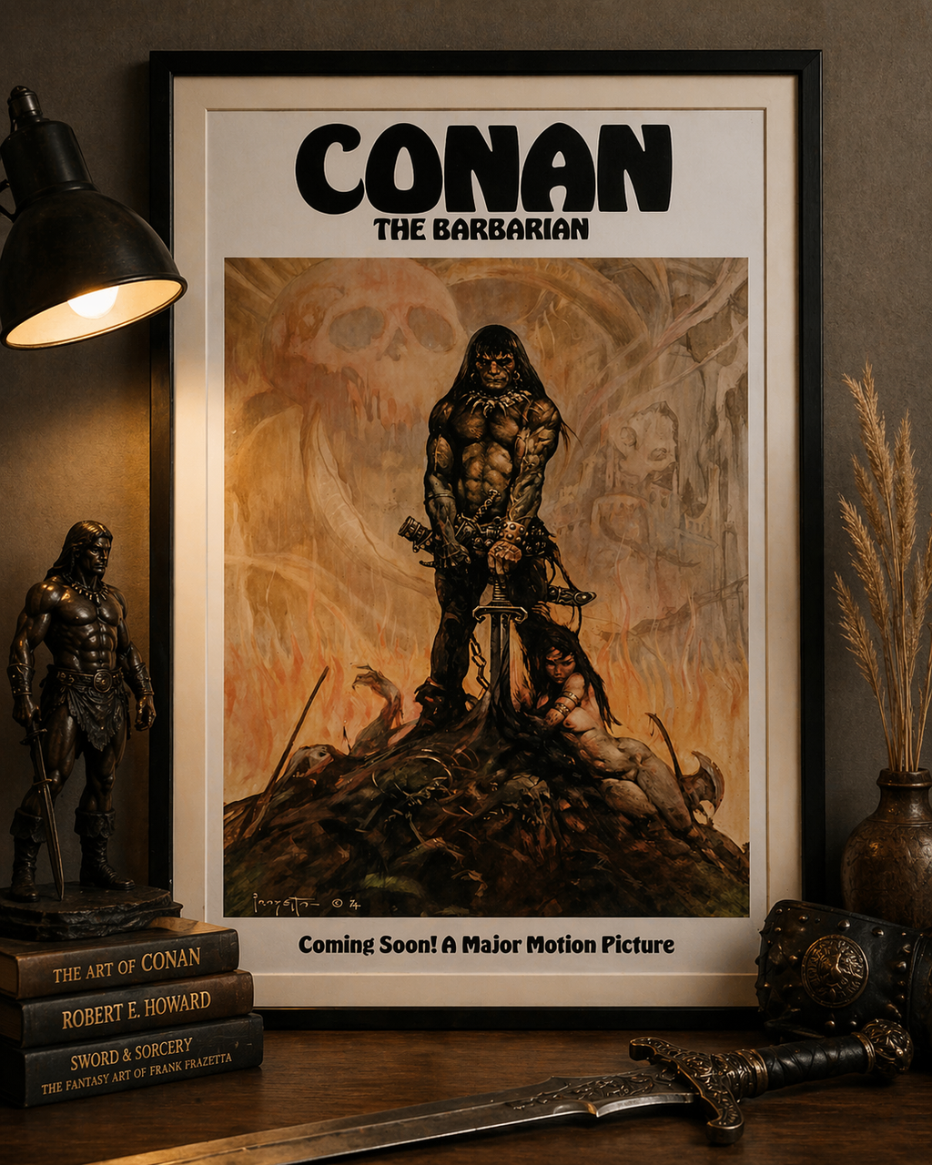 Affiche du film Conan the Barbarian (1982) avec Arnold Schwarzenegger. Film culte de fantasy. Reproduction HQ – Poster Hub.