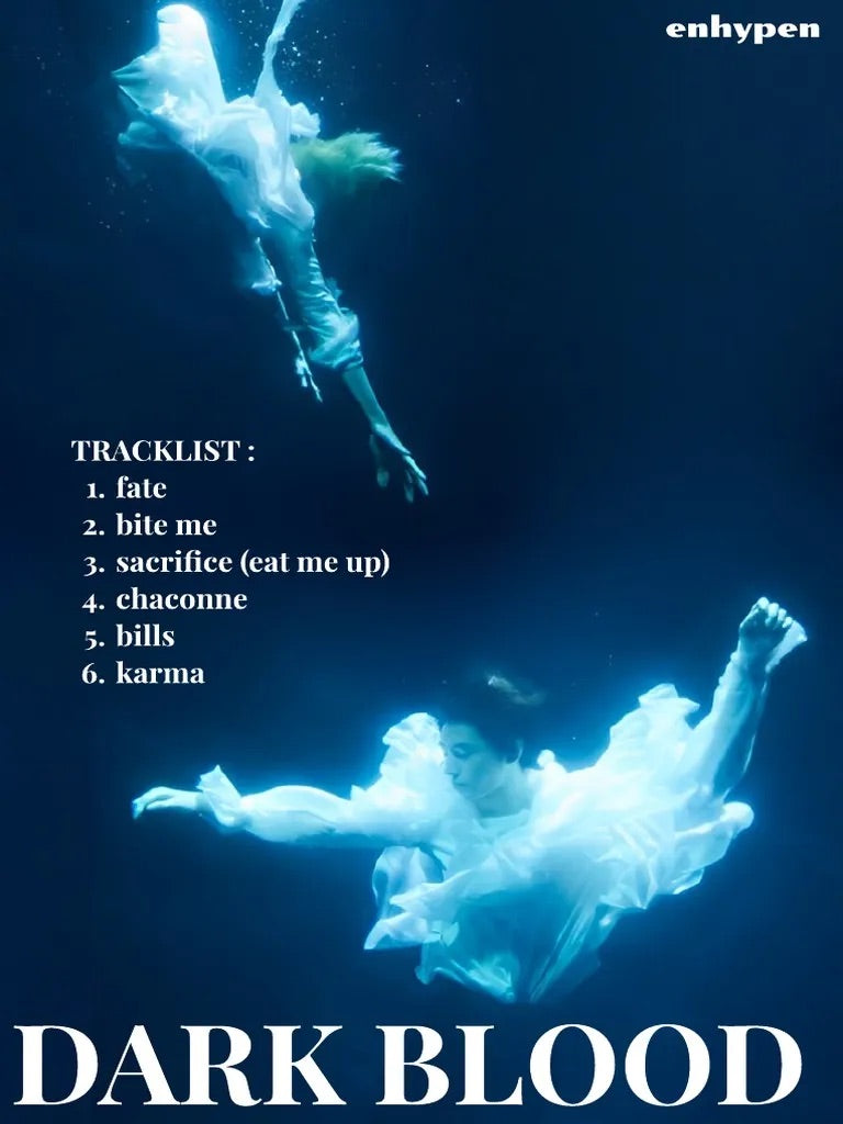ENHYPEN Dark Blood poster showing two members floating underwater in flowing white outfits, with a dreamy and mysterious blue-toned atmosphere and visible tracklist text.
