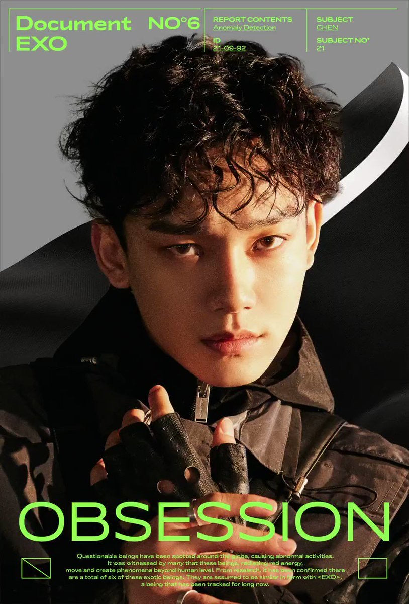 Affiche EXO Obsession représentant un portrait intense avec éléments graphiques type dossier confidentiel et texte vert néon, esthétique futuriste et mystérieuse.
