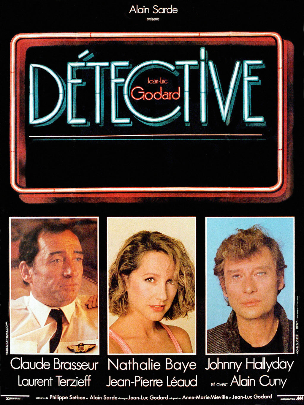 Affiche du film Détective de Jean-Luc Godard (1985). Drame policier avec Claude Brasseur et Nathalie Baye. Reproduction HQ – Poster Hub Studio.