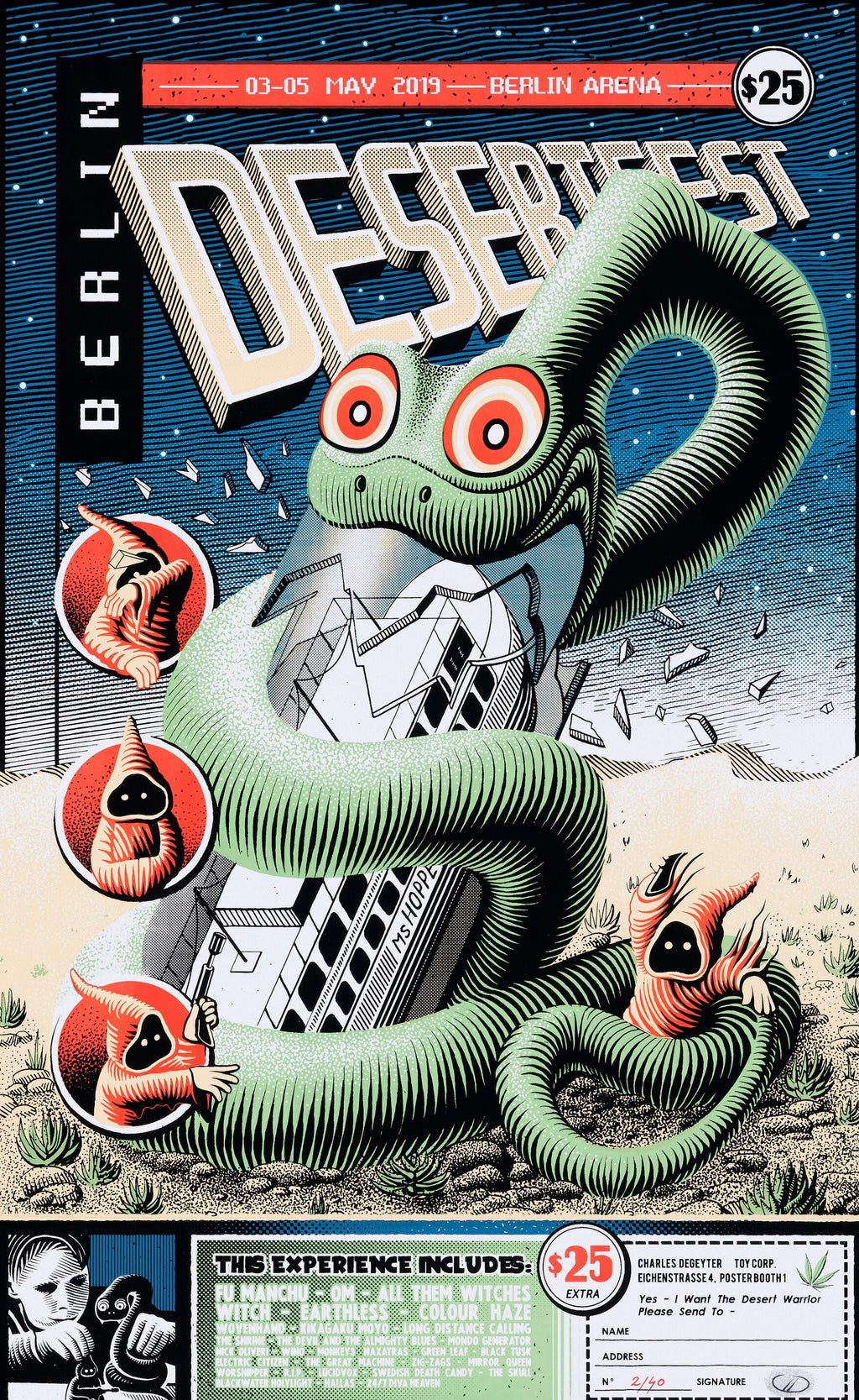Affiche officielle Desertfest Berlin 2019 illustrée par Charles Degeyter. Univers stoner rock et psychédélique. Reproduction HQ – Poster Hub Studio.