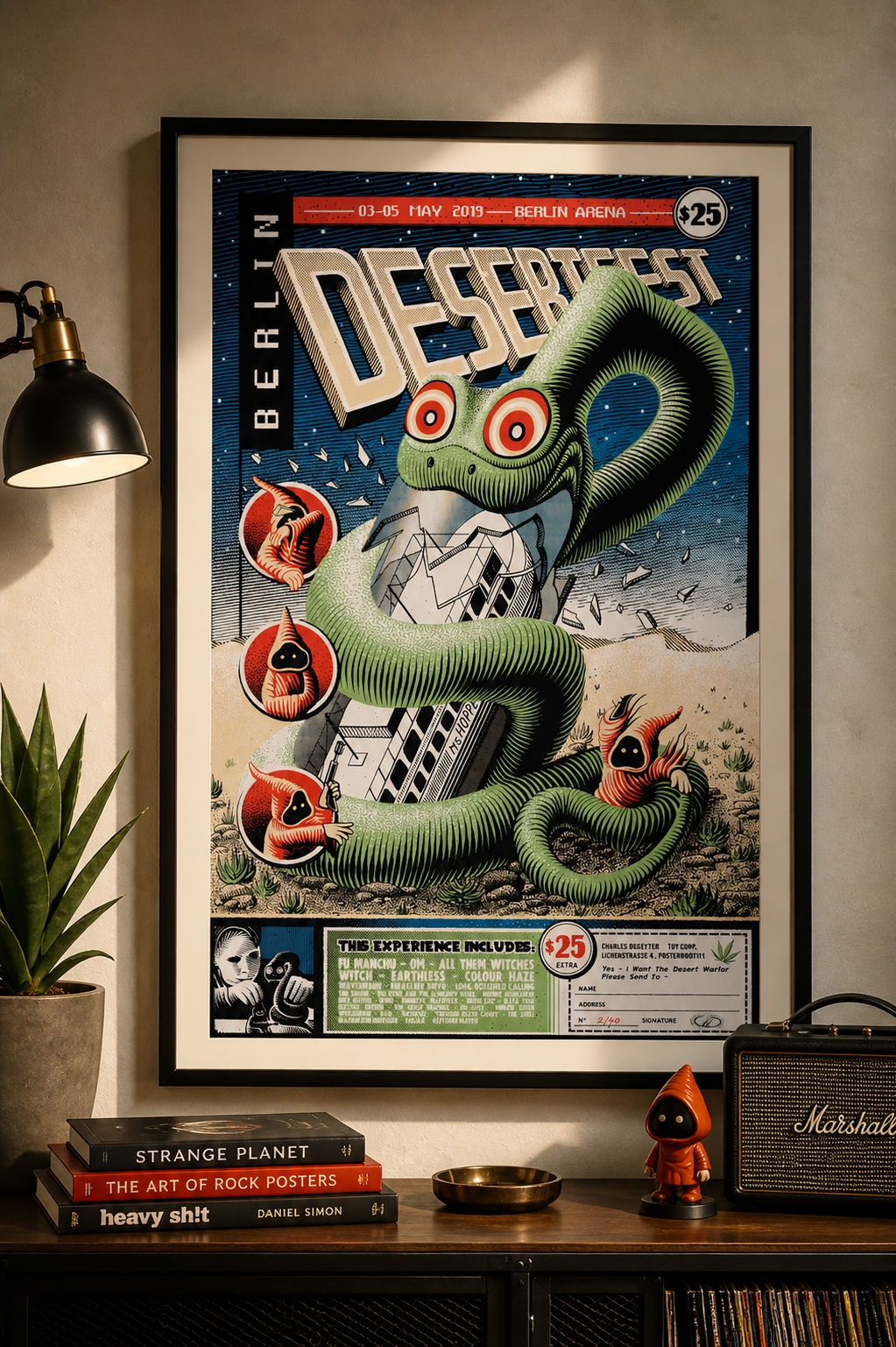 Affiche officielle Desertfest Berlin 2019 illustrée par Charles Degeyter. Univers stoner rock et psychédélique. Reproduction HQ – Poster Hub Studio.
