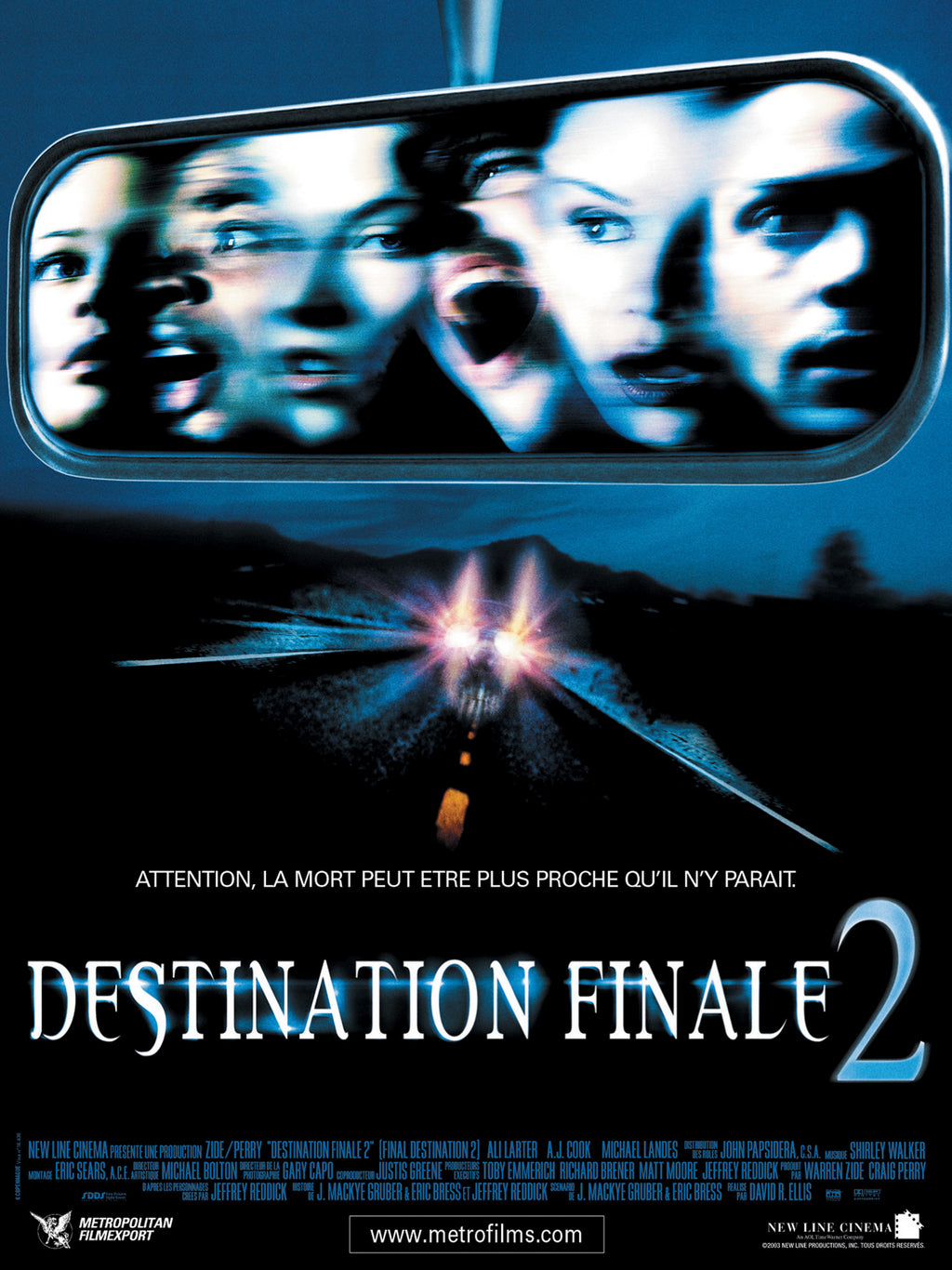 Affiche du film Destination Finale 2 (2003), thriller horrifique culte. Avec A.J. Cook. Reproduction haute qualité – Poster Hub Studio.