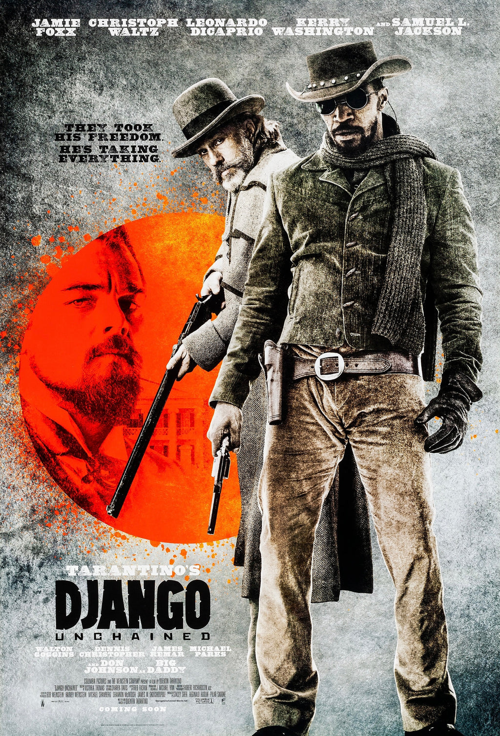
Affiche du film Django Unchained (2012) de Quentin Tarantino avec Jamie Foxx. Western culte moderne. Reproduction HQ – Poster Hub Studio.