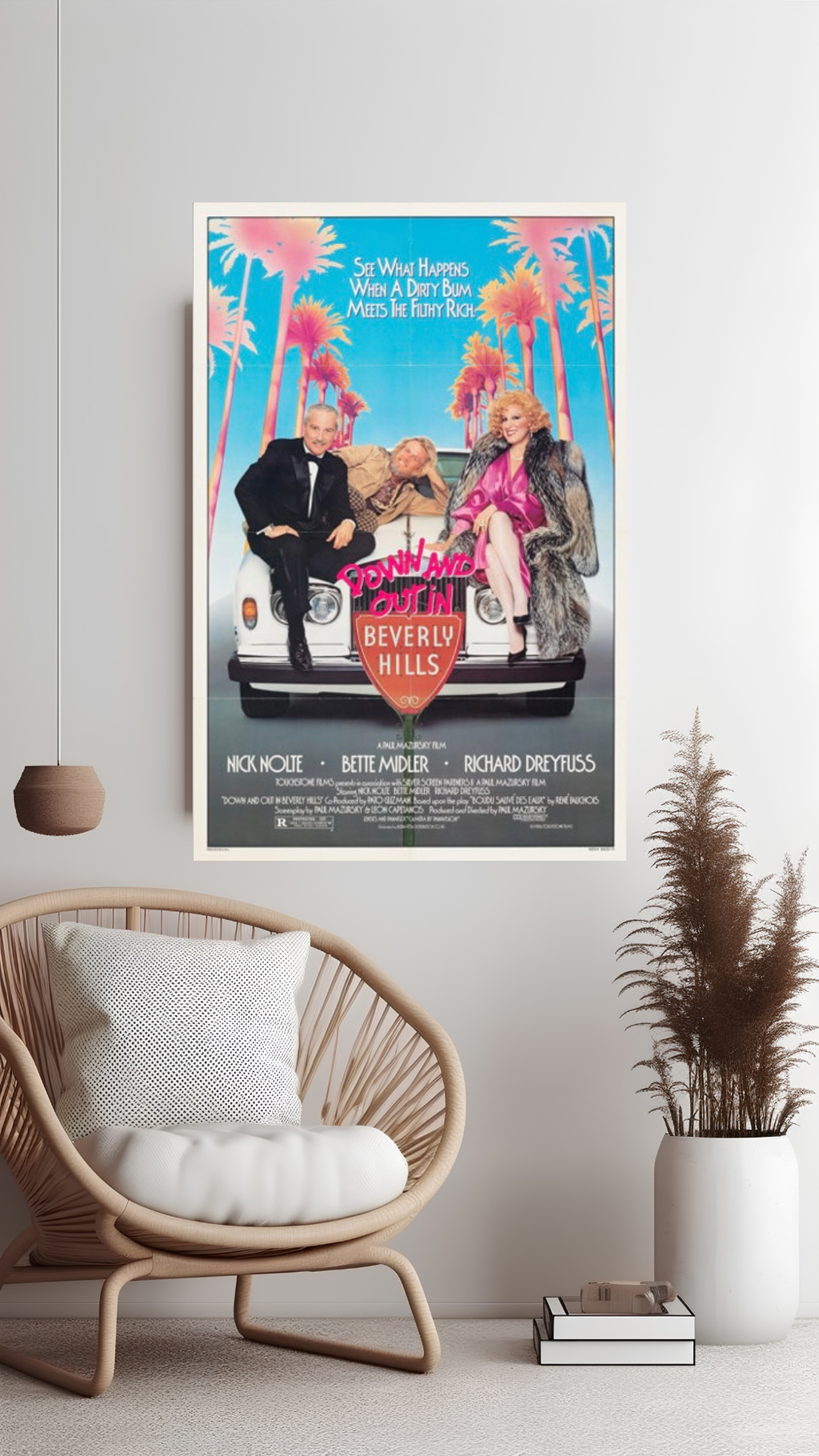 Affiche du film Down and Out in Beverly Hills (1986) avec Nick Nolte. Comédie culte satirique. Reproduction HQ – Poster Hub Studi