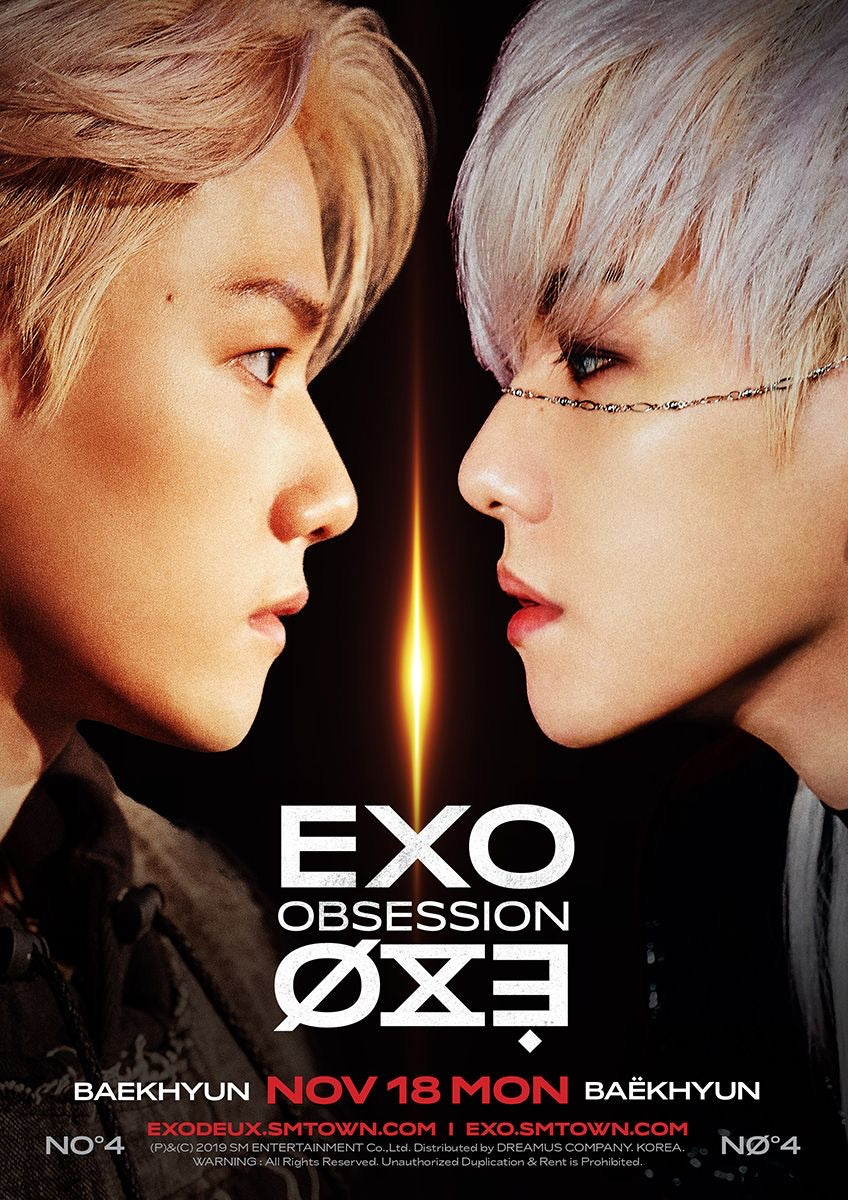 Affiche EXO Obsession montrant deux versions opposées d’un membre face à face avec une lumière centrale, esthétique sombre et concept dual K-pop.
