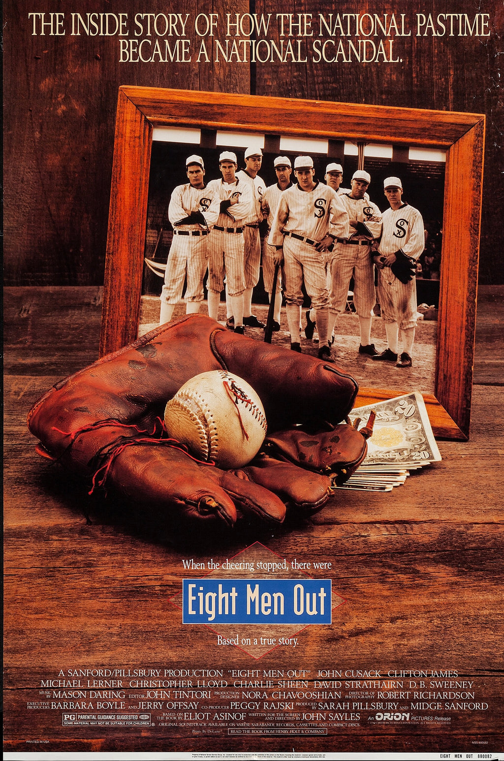 Affiche du film Eight Men Out (1988), drame historique sur le scandale du baseball. Avec John Cusack et Charlie Sheen. Reproduction HQ.