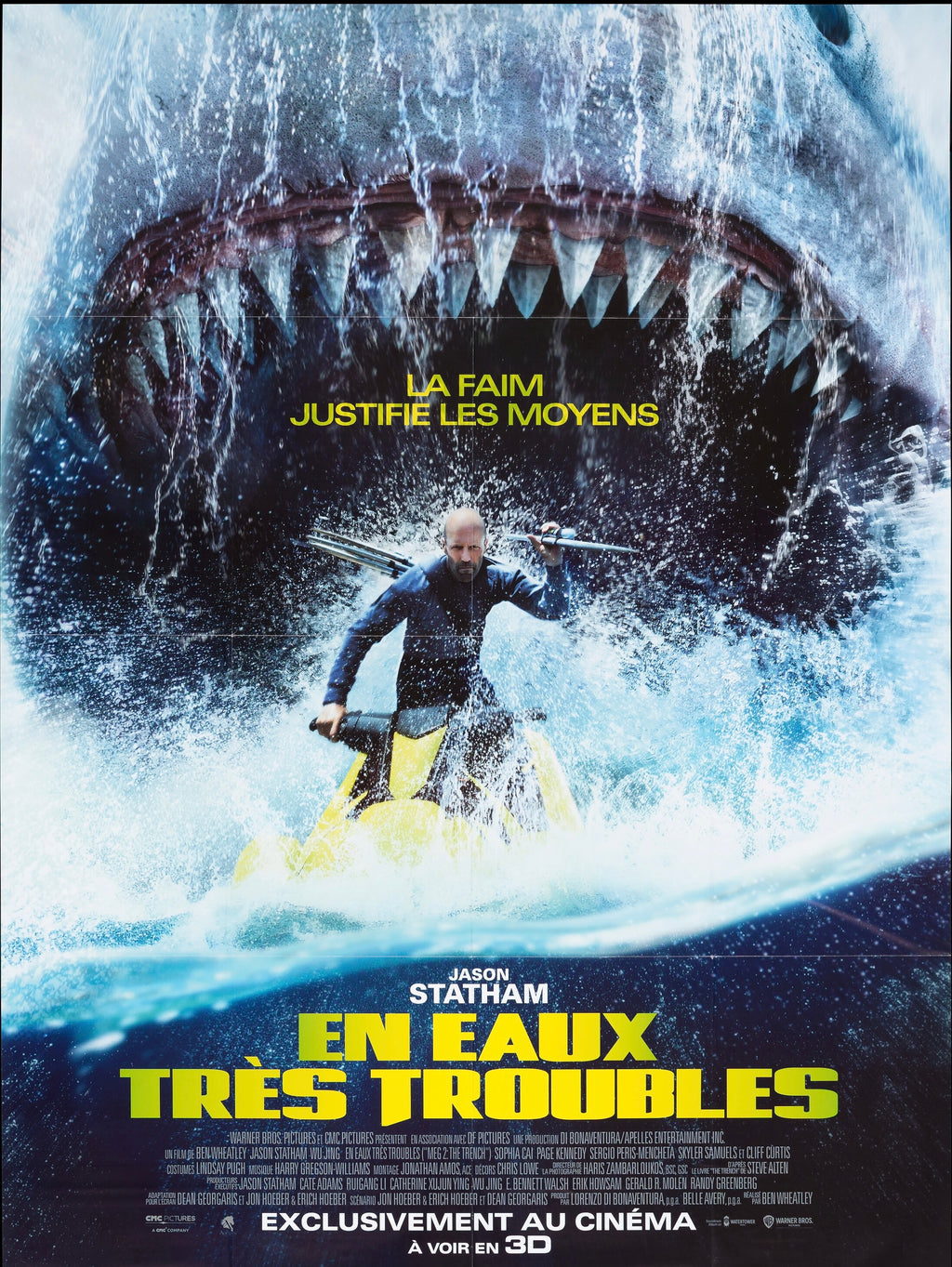 Affiche du film En Eaux Très Troubles (2023) avec Jason Statham. Thriller d’action spectaculaire. Reproduction HQ – Poster Hub Studio.
