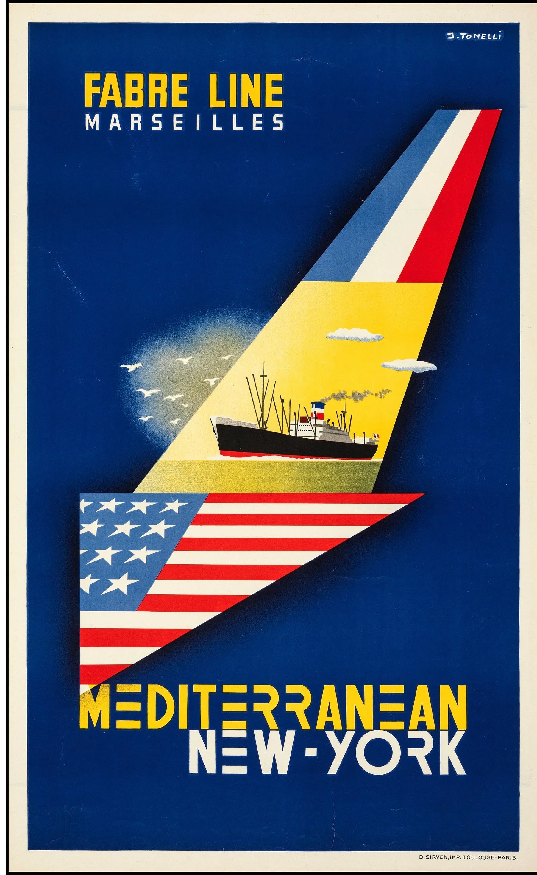 FABRE LINE MARSEILLES – MEDITERRANEAN NEW-YORK, AFFICHE REPRO POSTER HUB STUDIO, HQ