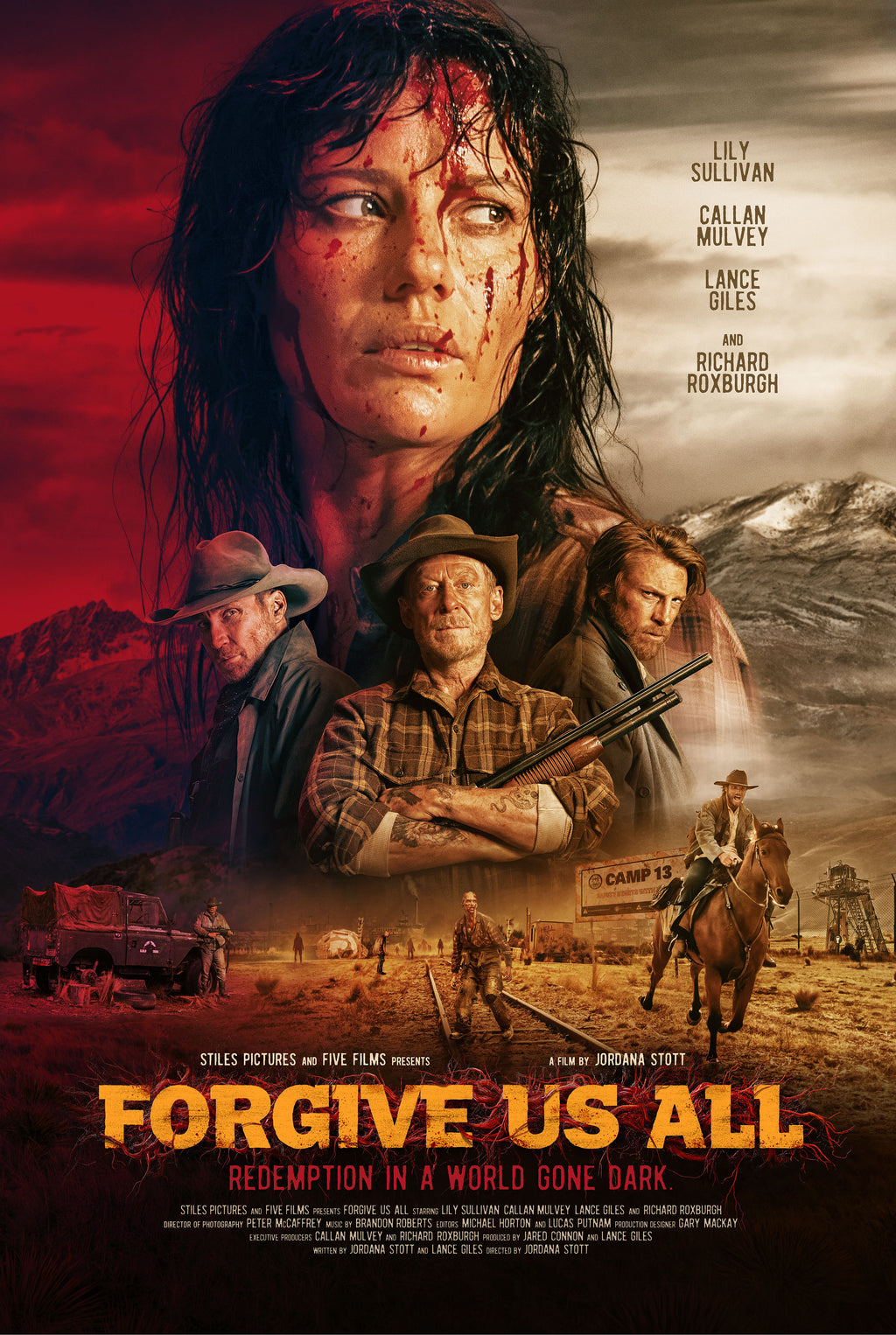 Affiche du film Forgive Us All (2024). Western sombre avec Lily Sullivan. Ambiance intense et dramatique. Reproduction HQ – Poster Hub Studio.