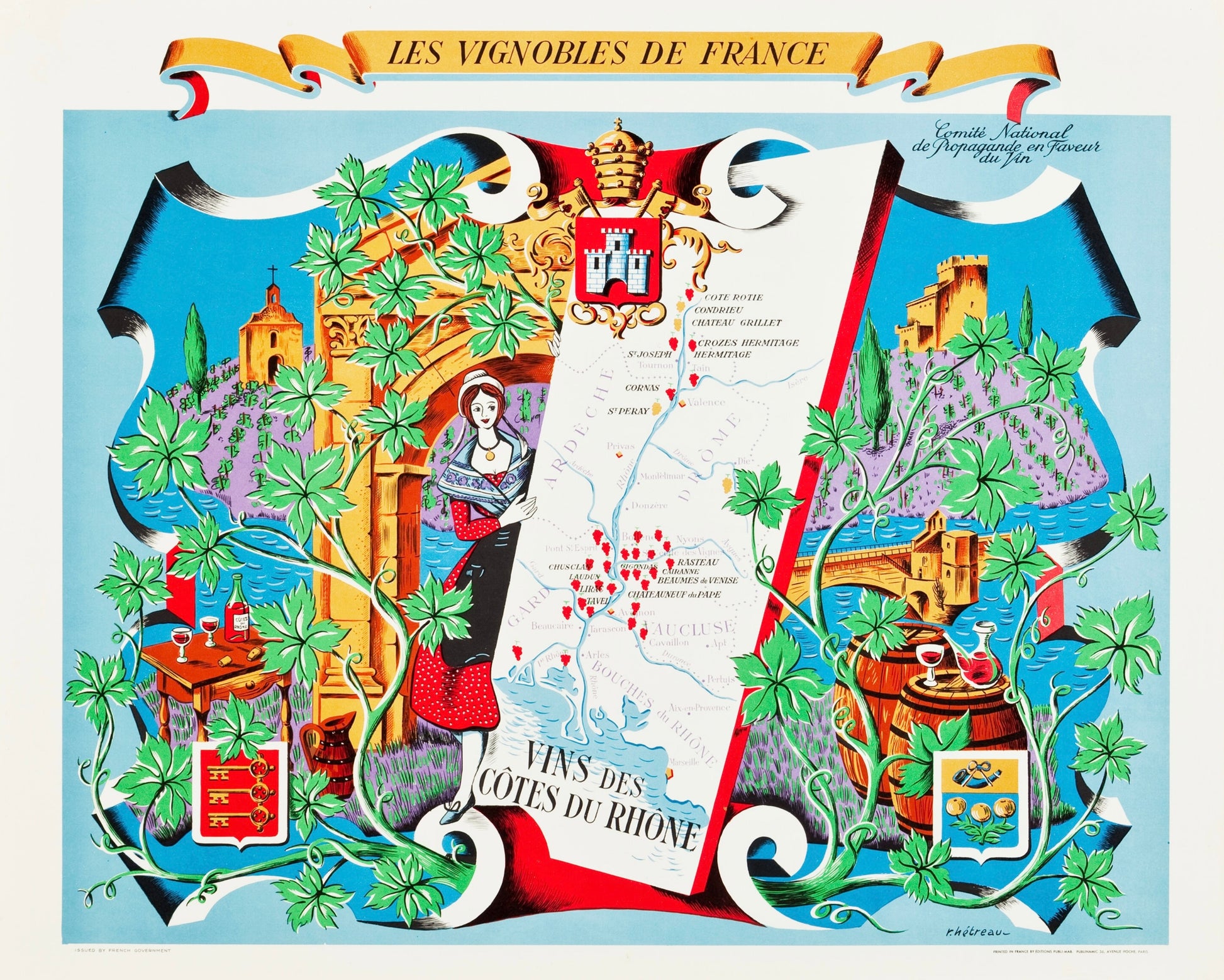 REPRODUCTION AFFICHE VINTAGE LES VIGNOBLES DE FRANCE – VINS DES CÔTES DU RHÔNE- POSTER HUB STUDIO, HQ