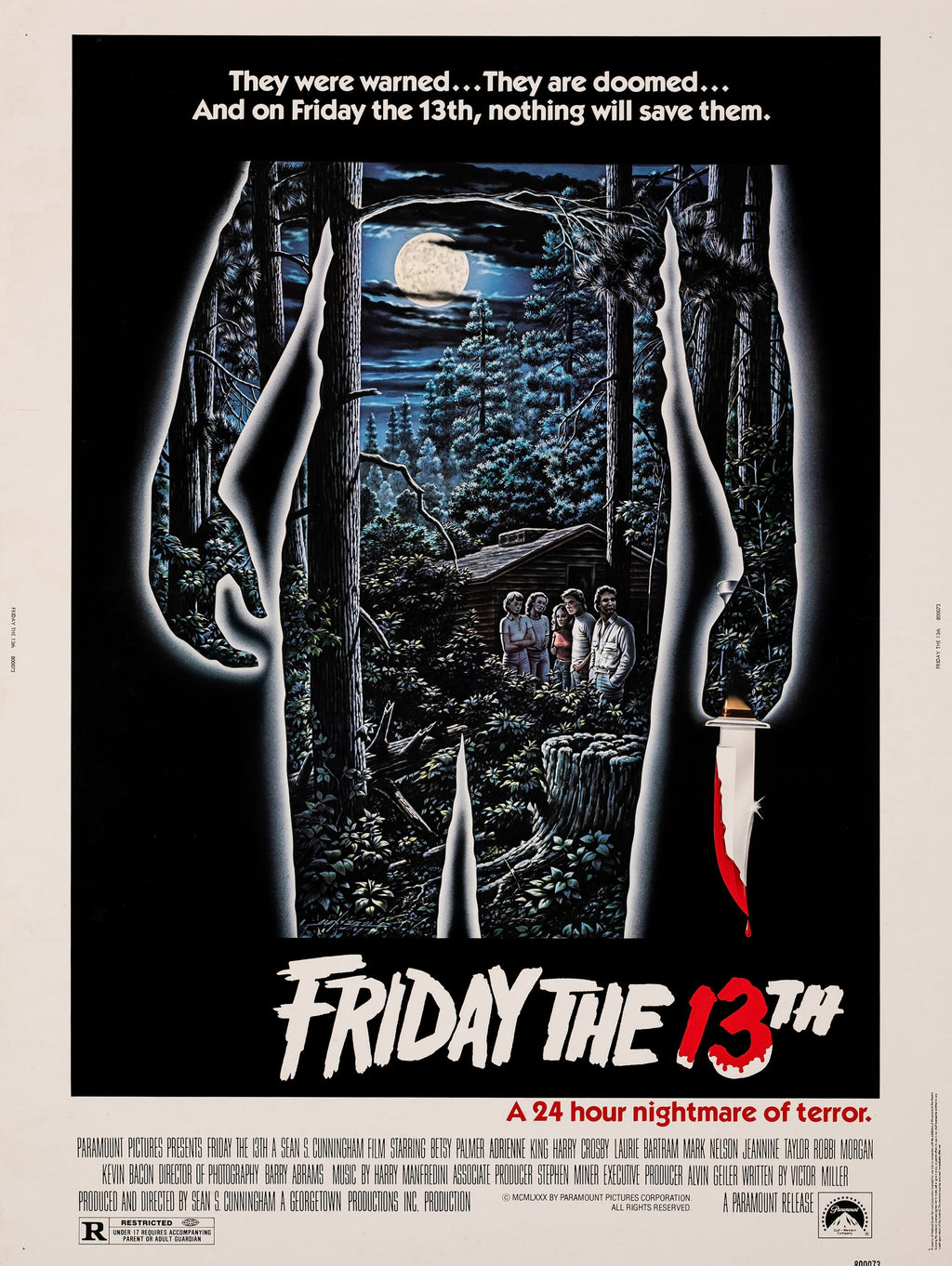 Affiche du film Friday the 13th (1980). Classique du slasher avec Betsy Palmer et Adrienne King. Reproduction HQ – Poster Hub Studio.