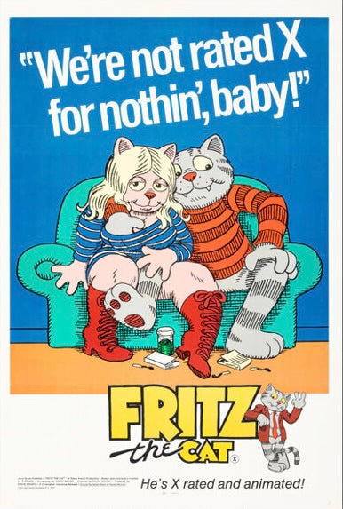 Affiche du film Fritz the Cat (1972) de Ralph Bakshi. Animation culte et satirique pour adultes. Reproduction HQ – Poster Hub Studio.