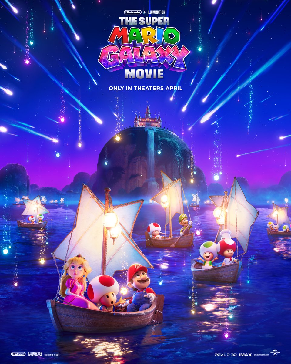 Affiche du film Super Mario Bros Movie avec Mario, Peach et les Toad naviguant en bateaux lumineux sur l’eau sous un ciel étoilé, ambiance féerique et colorée Nintendo.