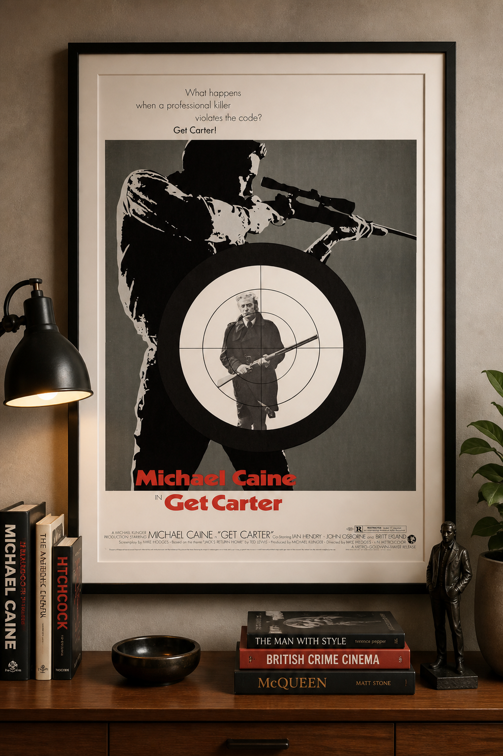 Affiche du film Get Carter (1971) avec Michael Caine. Polar britannique culte au visuel iconique. Reproduction HQ – Poster Hub Studio.