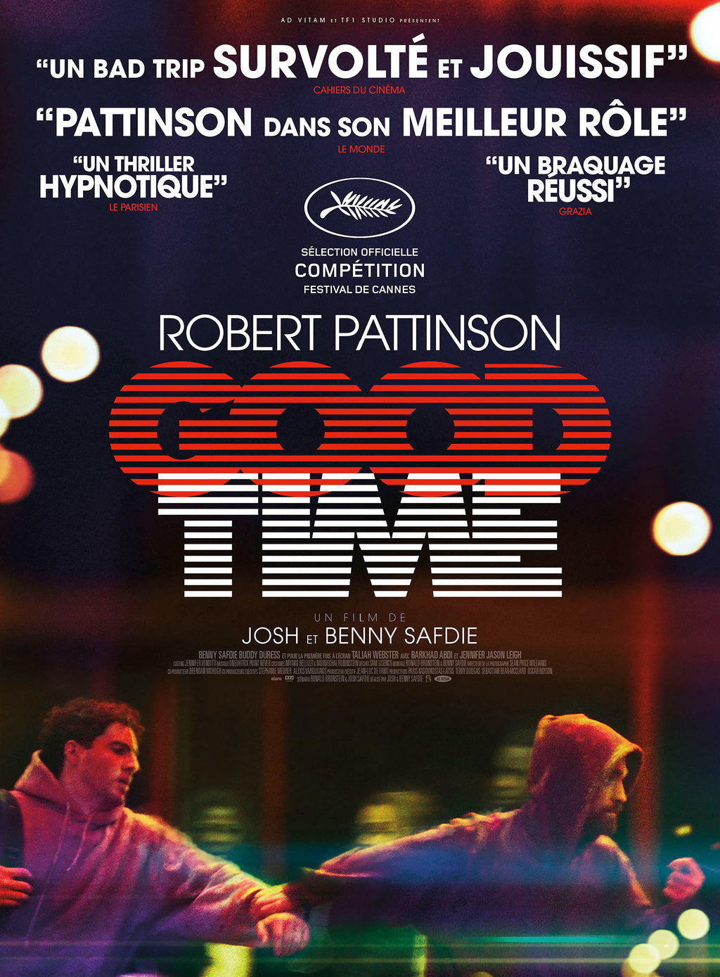 Affiche du film Good Time (2017) des frères Safdie. Thriller criminel intense avec Robert Pattinson. Reproduction HQ – Poster Hub Studio.