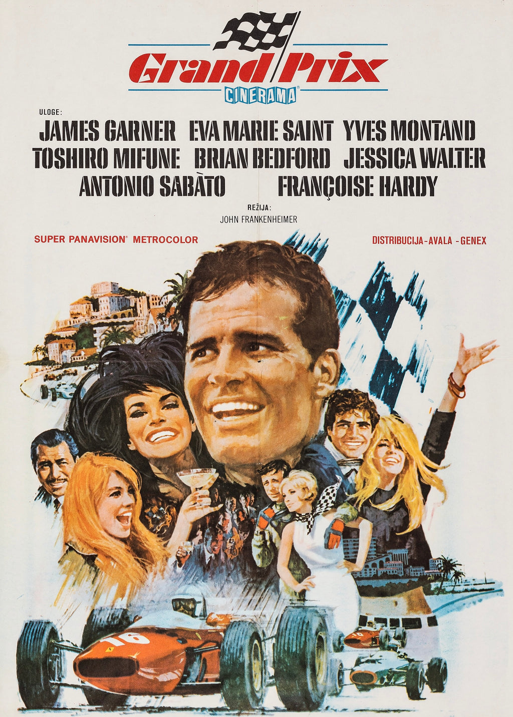 Affiche du film Grand Prix (1966) avec James Garner et Yves Montand. Classique du cinéma automobile et Formule 1. Poster vintage reproduction HQ.