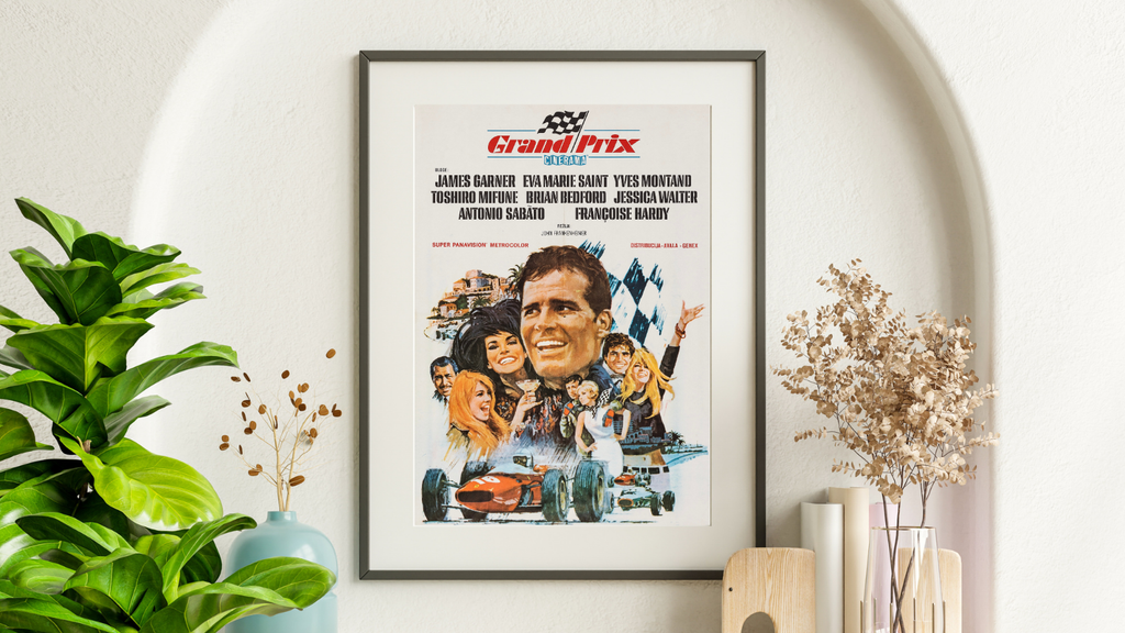 Affiche du film Grand Prix (1966) avec James Garner et Yves Montand. Classique du cinéma automobile et Formule 1. Poster vintage reproduction HQ.