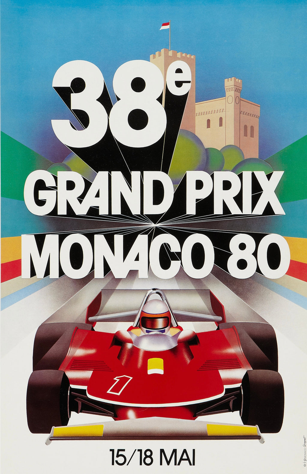 Affiche officielle du Grand Prix de Monaco 1980. Visuel iconique Formule 1 vintage. Poster course automobile reproduction haute qualité.