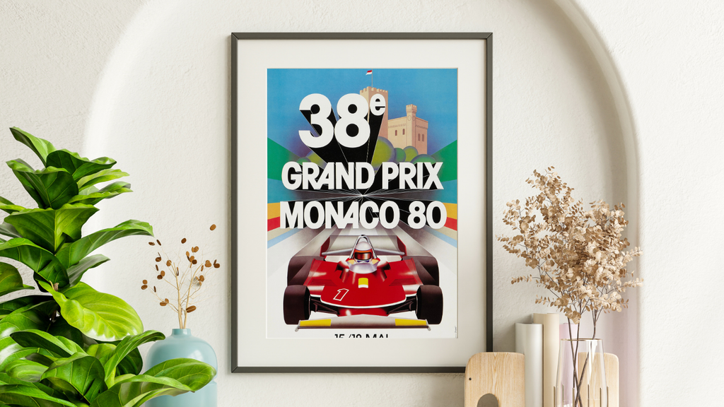 Affiche officielle du Grand Prix de Monaco 1980. Visuel iconique Formule 1 vintage. Poster course automobile reproduction haute qualité.