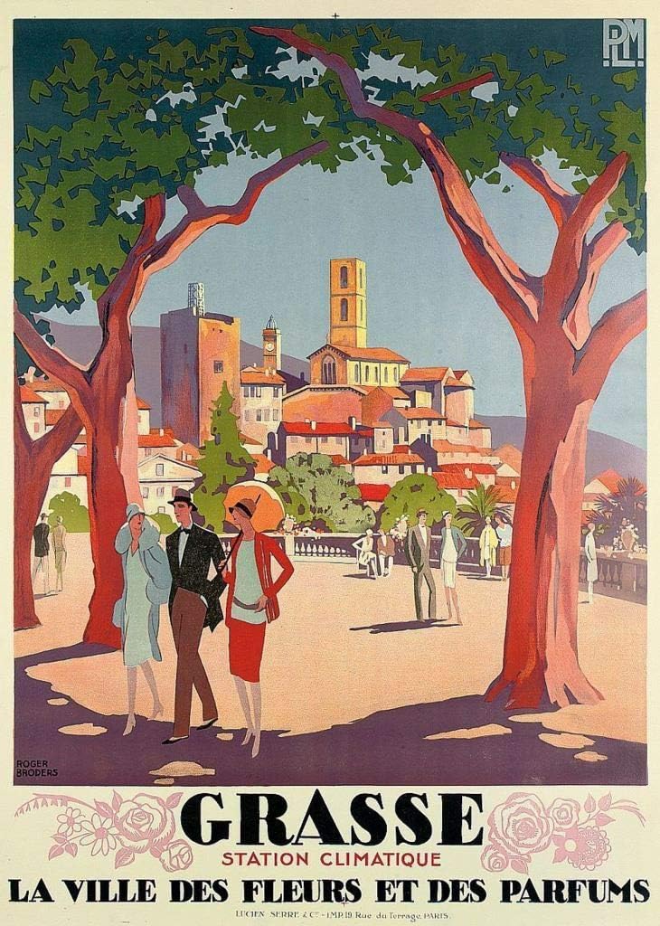 Affiche vintage Grasse, ville des parfums sur la Côte d’Azur. Illustration Art Déco élégante et ensoleillée. Reproduction HQ – Poster Hub.