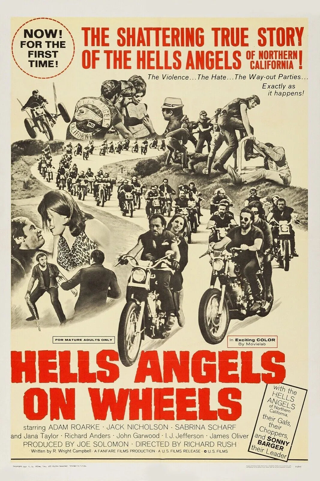 HELLS ANGELS ON WHEELS MOTOS,1967, REPRO AFFICHE CINEMA VINTAGE, HQ