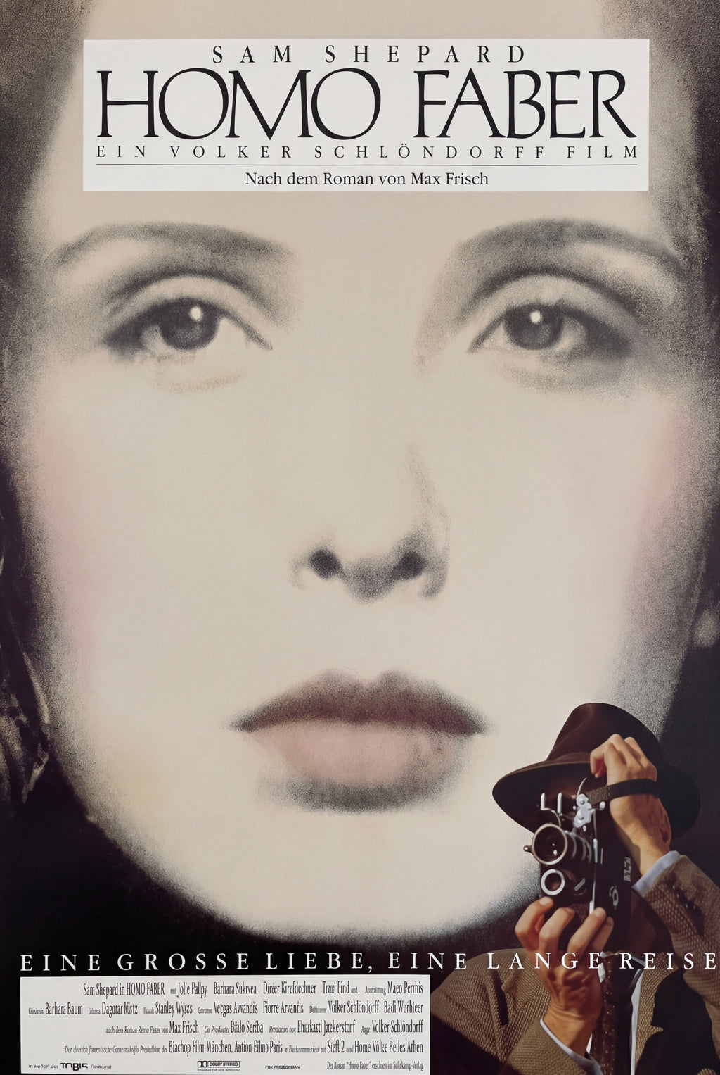 Affiche du film HOMO FABER de Volker Schlöndorff (1991). Drame romantique avec Sam Shepard, d'après le roman de Max Frisch. Reproduction HQ – Poster Hub Studio.