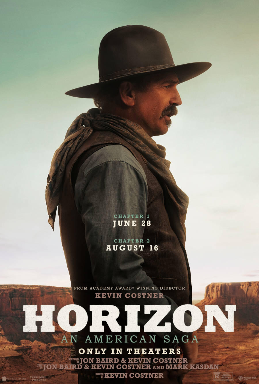Affiche du film Horizon An American Saga avec Kevin Costner en cowboy de profil dans un paysage désertique, ambiance western et cinématographique.