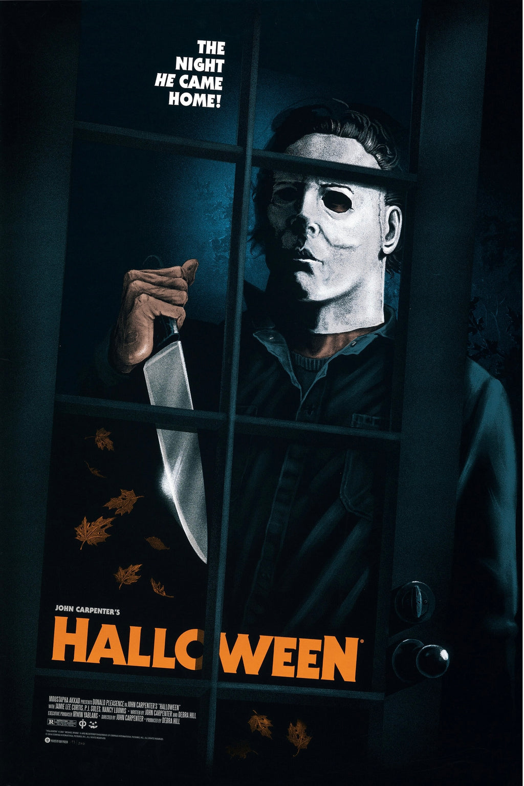 Affiche du film Halloween (1978) de John Carpenter. Classique du slasher avec Jamie Lee Curtis. Reproduction HQ – Poster Hub Studio.