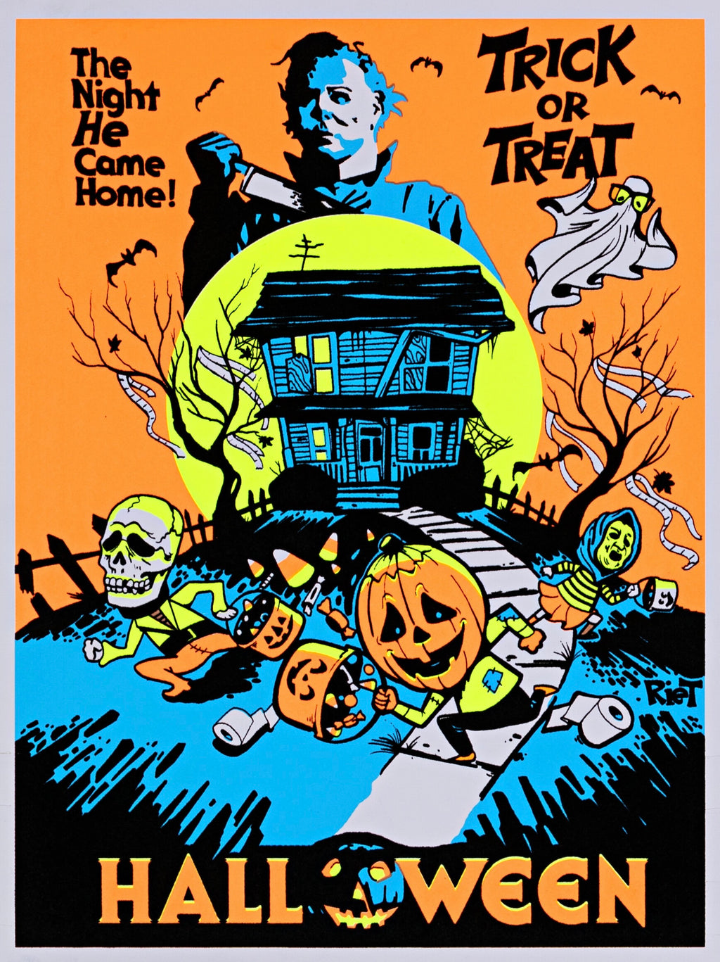 Affiche Halloween style pop art inspirée du film culte (1978). Illustration colorée avec Michael Myers. Reproduction HQ – Poster Hub Studio