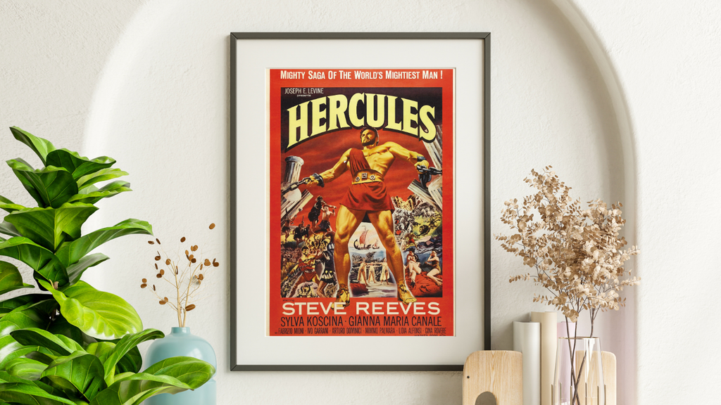 Affiche du film Hercules (1959) avec Steve Reeves. Péplum mythologique culte. Reproduction haute qualité – Poster Hub Studio.