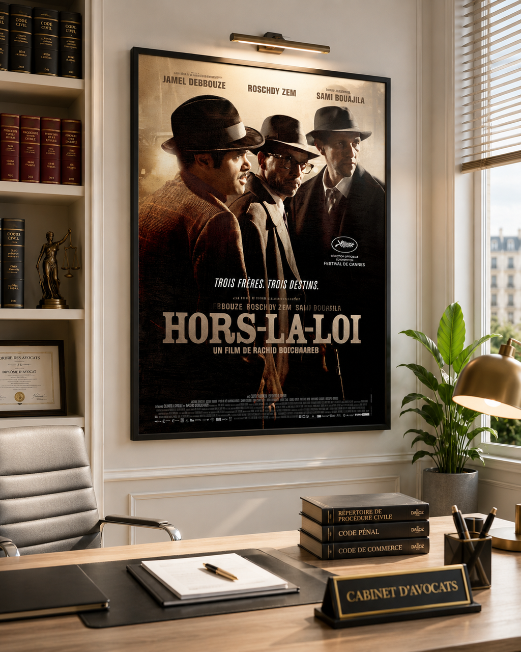 Affiche du film Hors-la-loi (2010) de Rachid Bouchareb avec Jamel Debbouze et Roschdy Zem. Fresque historique puissante. Reproduction HQ.