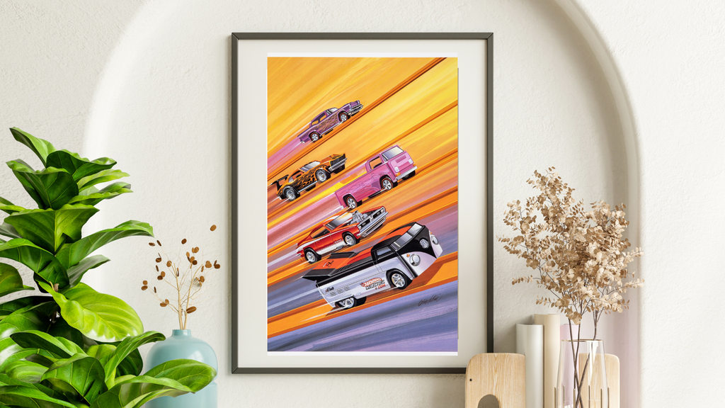 

Affiche Hot Wheels Red Line Club (2007), illustration de voitures custom et muscle cars. Poster coloré et dynamique – reproduction HQ Poster Hub.