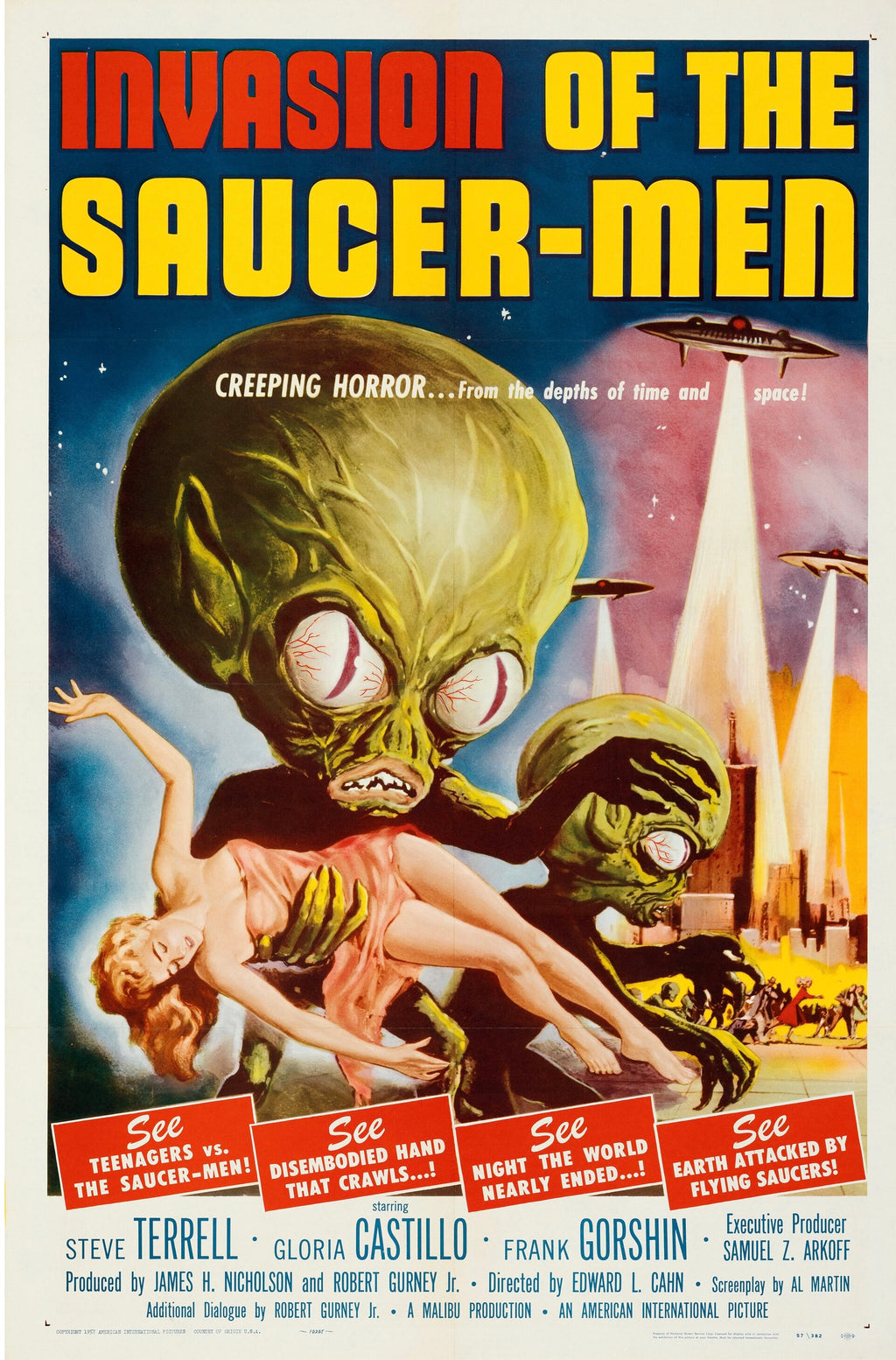 Affiche du film Invasion of the Saucer-Men (1957). Classique sci-fi et horreur vintage avec Steve Terrell. Reproduction HQ – Poster Hub Studio.