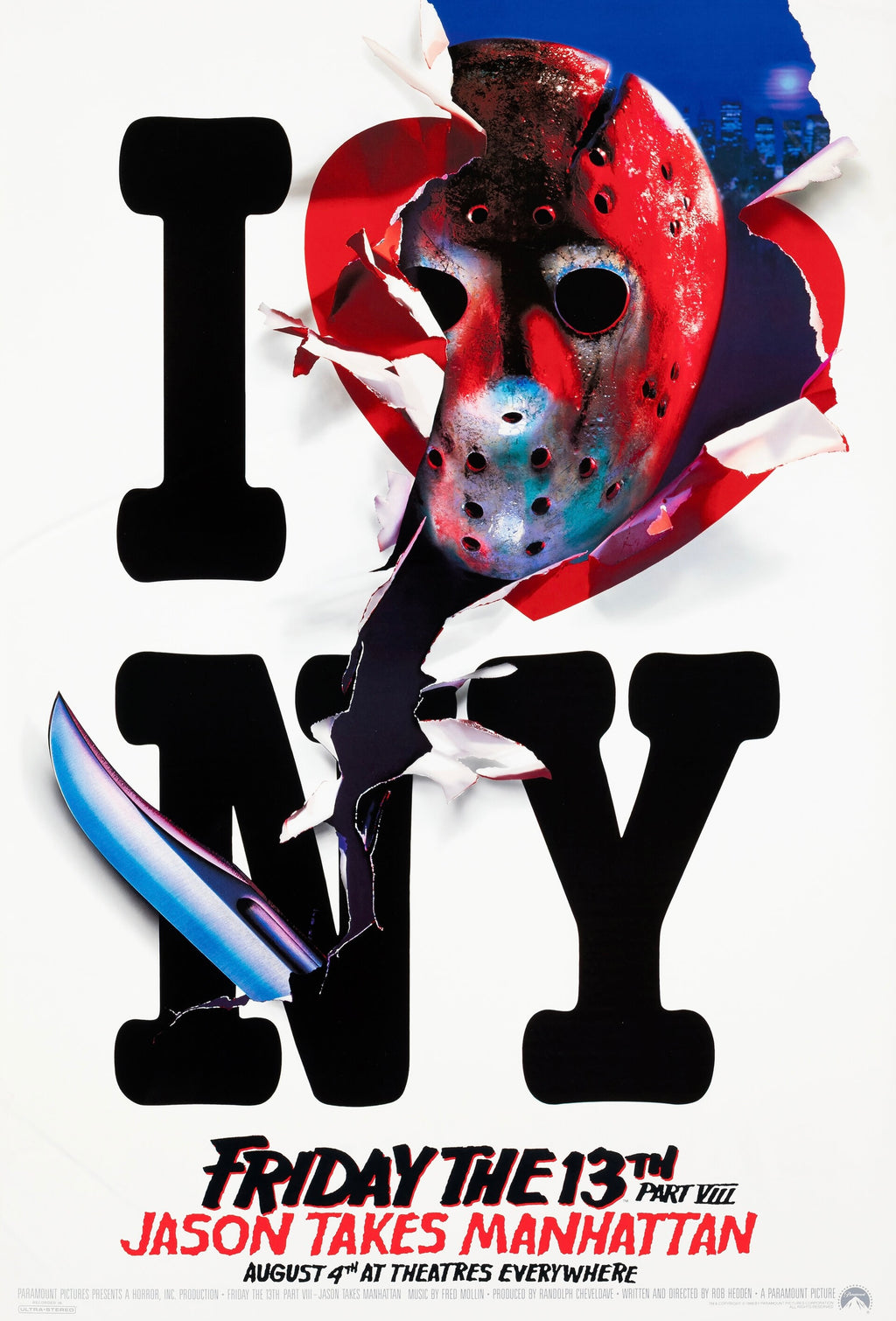 Affiche du film Jason Takes Manhattan (1989). Jason envahit New York dans ce slasher culte. Reproduction HQ – Poster Hub Studio.