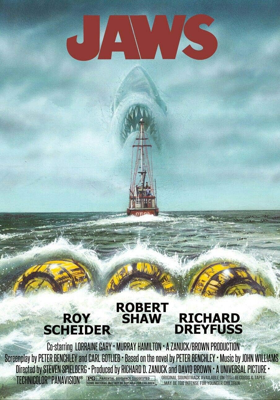 
Affiche du film Jaws (1975) de Steven Spielberg. Thriller culte avec Roy Scheider. Reproduction haute qualité – Poster Hub.