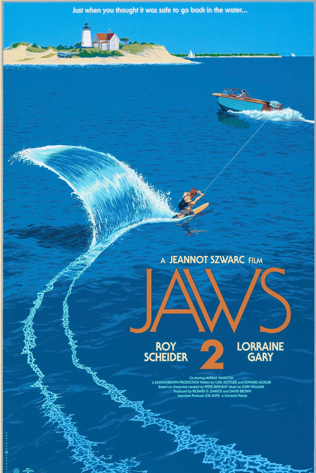 Affiche du film Jaws 2 (1978). Suite culte avec Roy Scheider et Lorraine Gary. Reproduction HQ – Poster Hub Studio
