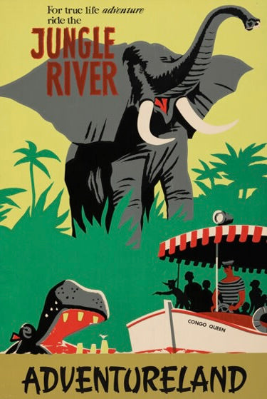 Affiche vintage Jungle River Disneyland Adventureland. Univers exotique et aventure Disney. Reproduction HQ – Poster Hub Studio.
