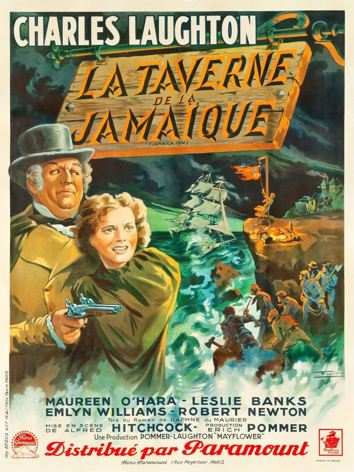 LA TAVERNE DE JAMAÏQUE, CHARLES LAUGHTON, 1939, REPRO AFFICHE CINÉMA VINTAGE, HQ