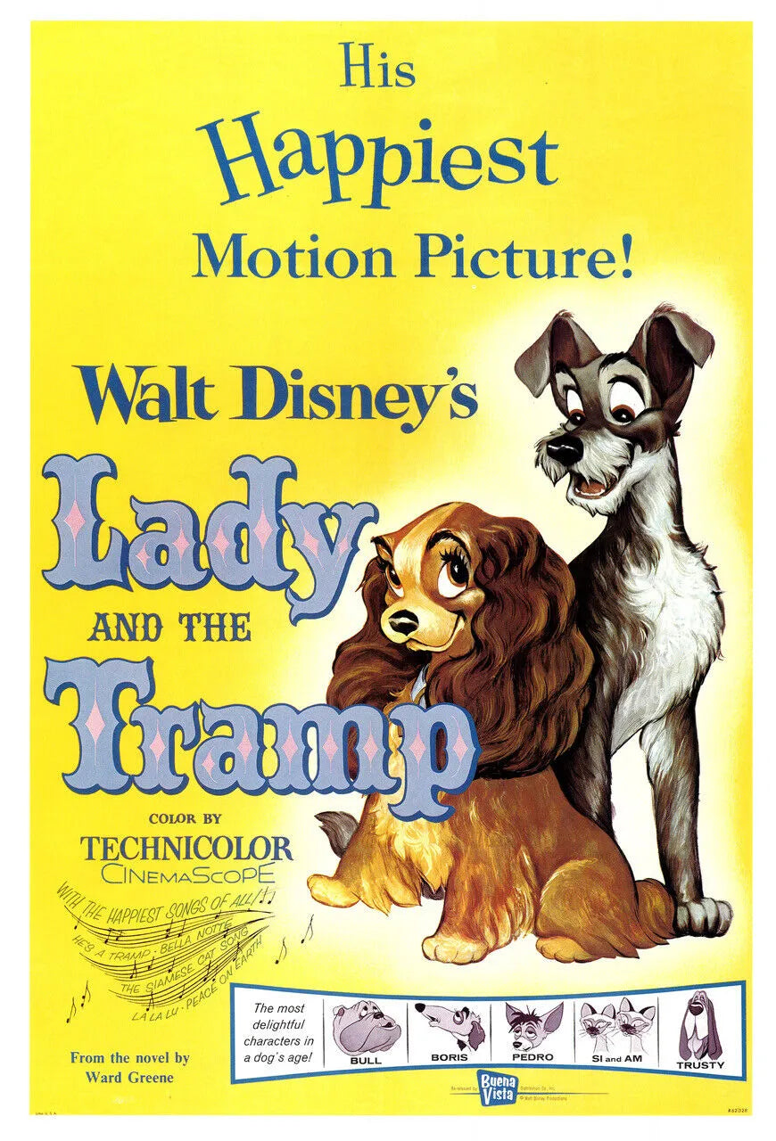 LADY AND THE TRAMP, BARBARA LUDDY, WALT DISNEY, 1955, REPRO AFFICHE CINEMA VINTAGE, HQ