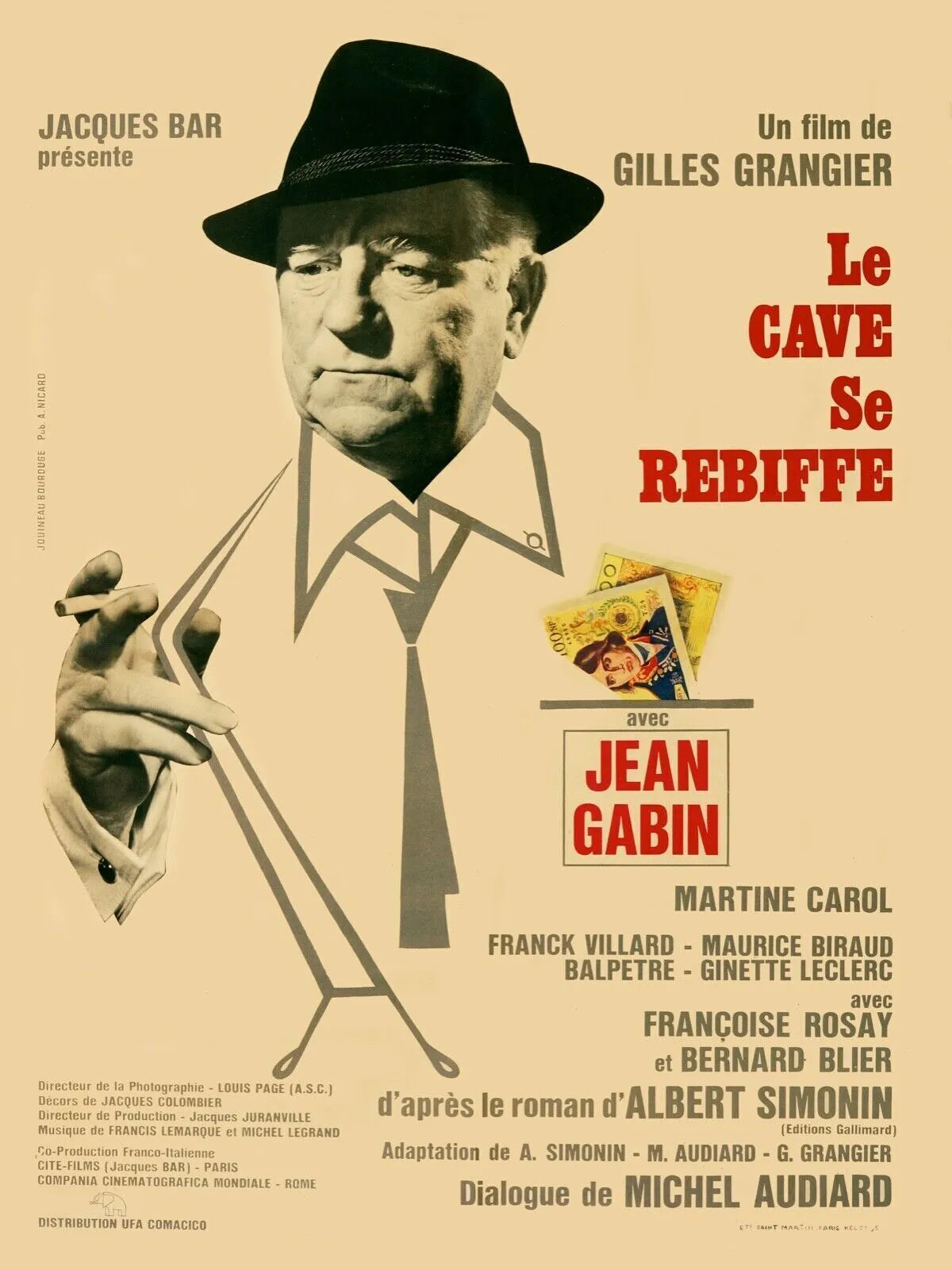LE CAVE SE REBIFFE, JEAN GABIN, 1961, REPRO AFFICHE CINEMA VINTAGE, HQ