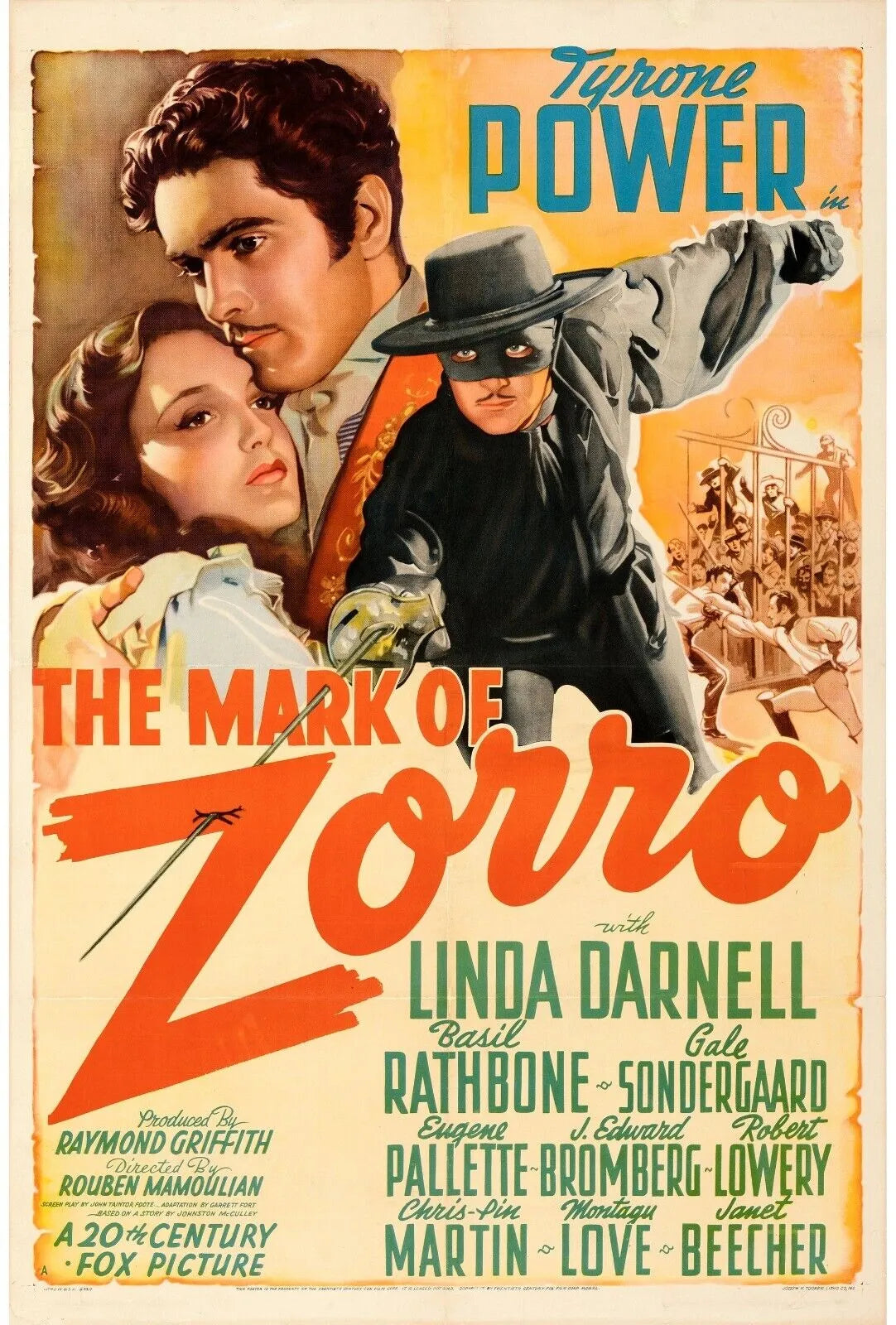 LE SIGNE DE ZORRO, THE MARK OF ZORRO, TYRONE POWER, LINDA DARNELL, 1940, repro affiche de cinema, HQ
