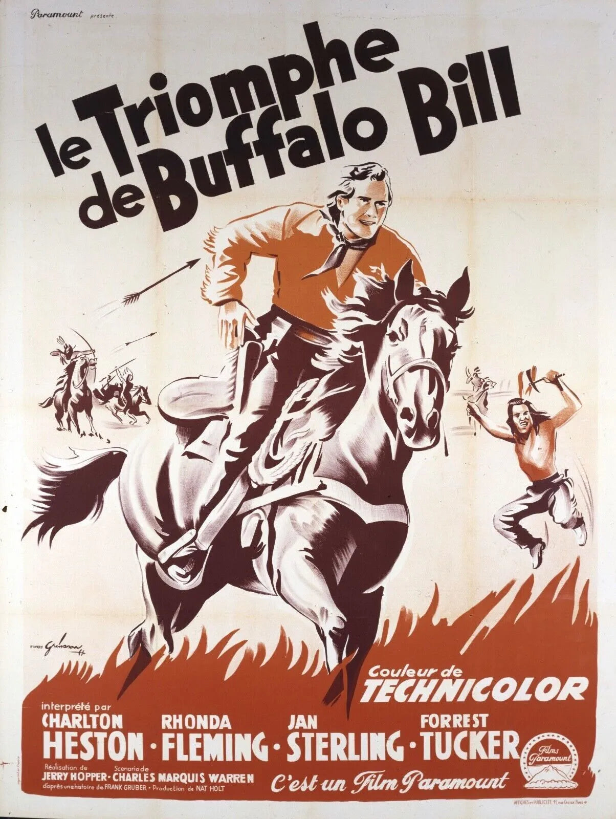 LE TRIOMPHE DE BUFFALO BILL, CHARLTON HESTON, 1953, REPRO AFFCHE DE CINÉMA,VINTAGE, HQ